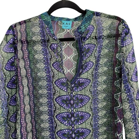 KAS Designs Sheer Long Blouse L Blue Green Medallion Leaf Print Boho Peasant - Picture 7 of 11